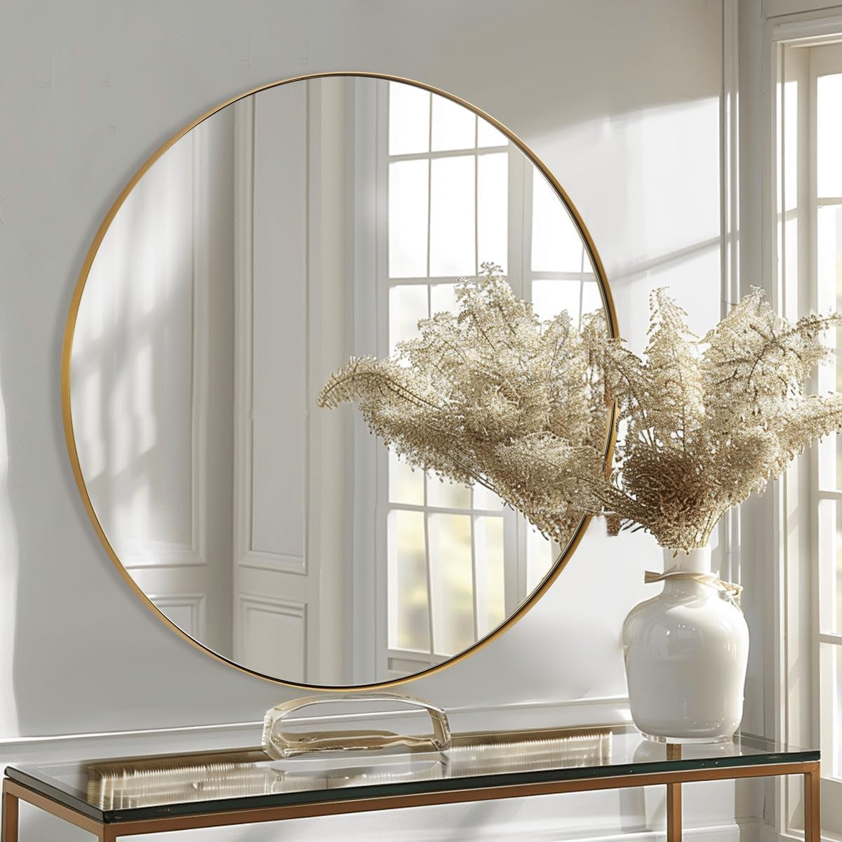 round Gold Mirror 30 Inch, Brass Mirror with Brushed Gold Frame, Wall Mounted Stainless Steel Metal Frame round Mirror for Bathroom, Living Room, Bedroom