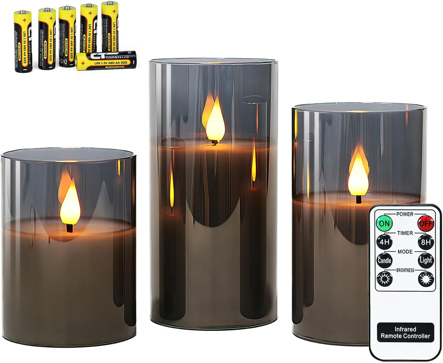 Gray Glass Battery Operated LED Candles with Remote, Flameless Candle Gift Set, Warm White Light - Include 6 Batteries
