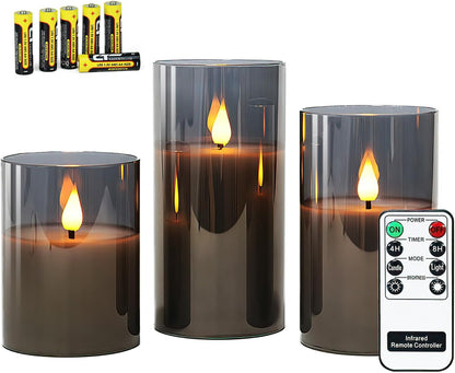 Gray Glass Battery Operated LED Candles with Remote, Flameless Candle Gift Set, Warm White Light - Include 6 Batteries