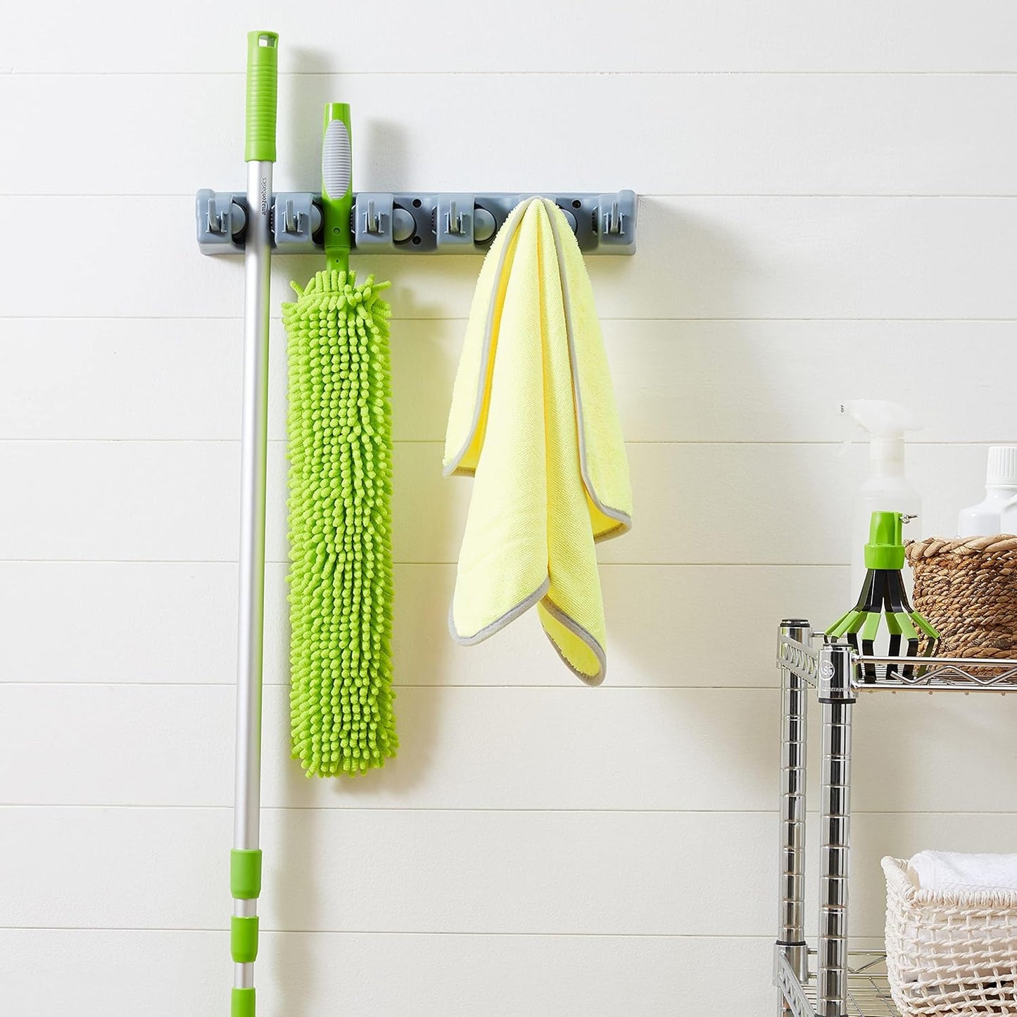 Rectangular Heavy Duty Wall Mount Broom and Mop Holder, Sturdy Tool Organizer with Hooks and Slots for Garage, Garden, Laundry, Kitchen Organization, 2.36 X 16.9 X 3.35 In, Gray
