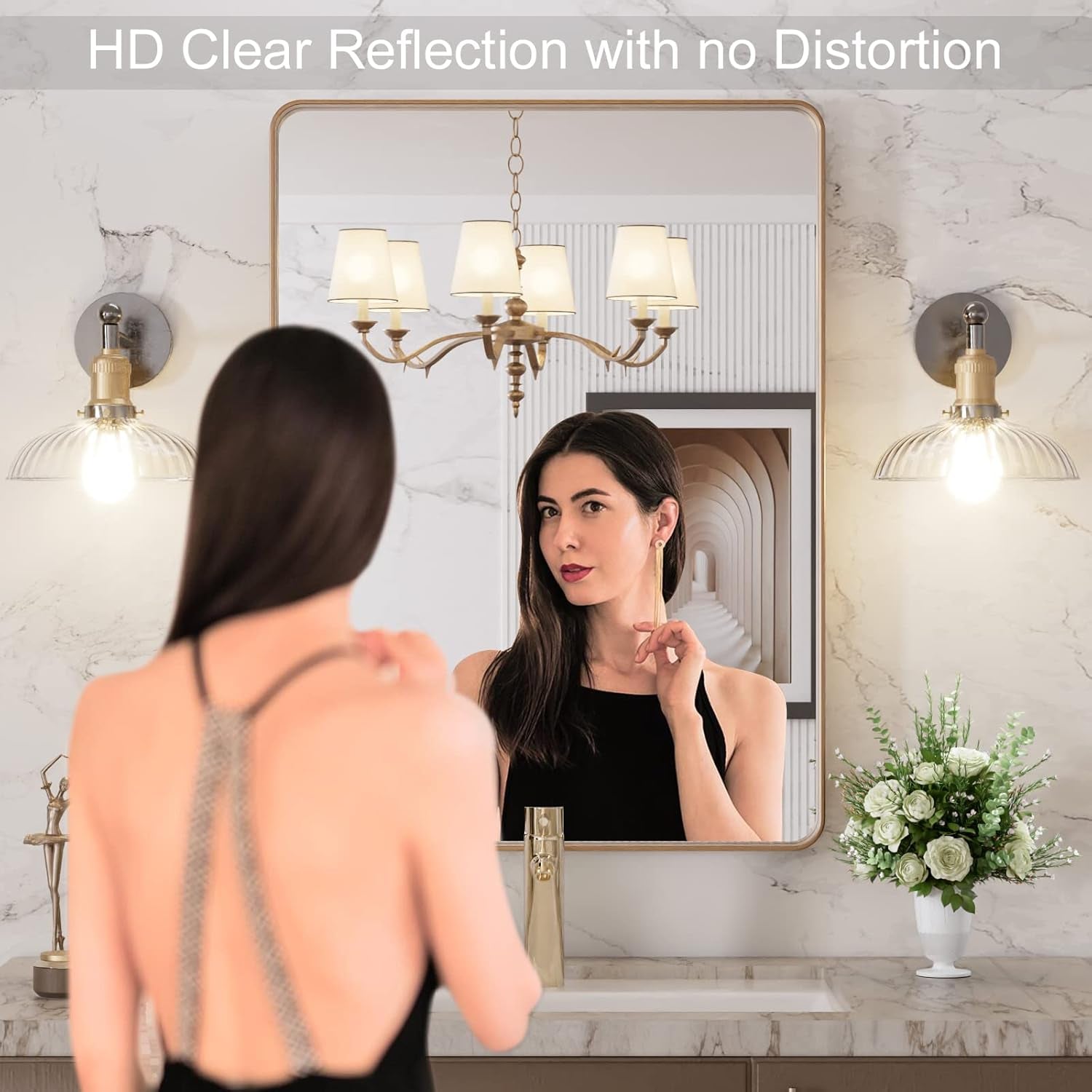 20”X30” Gold Bathroom Mirror, Rounded Rectangle Gold Frame Mirror, Brushed Gold Bathroom Vanity Mirror Wall-Mounted, Anti-Rust, Hangs Horizontally or Vertically