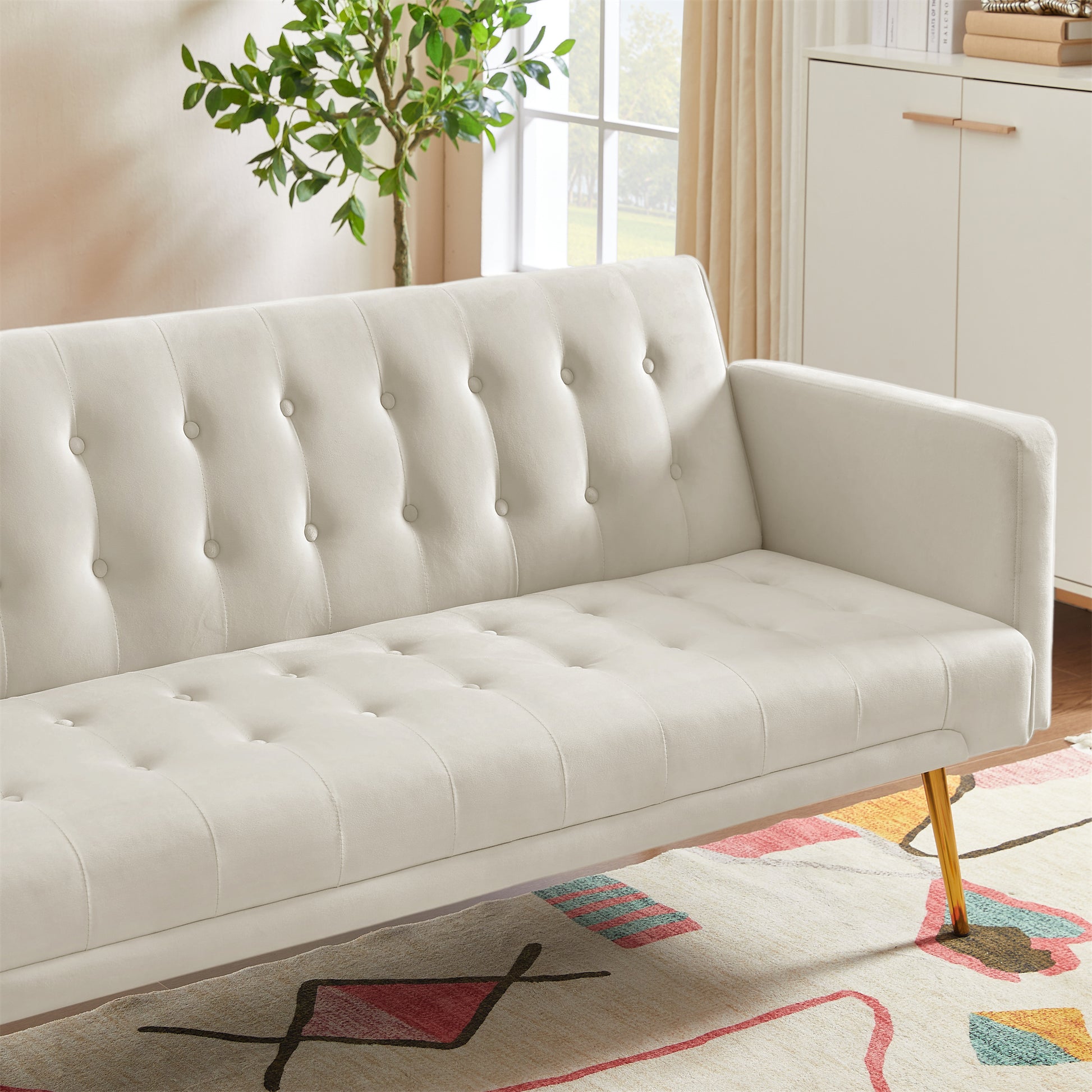 Modern Velvet Futon Sofa Bed,Convertible Sleeper Sofa Couch with 3 Adjustable Couch Loveseat with Metal Leg for Living Room and Bedroom,Beige