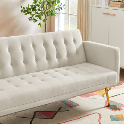 Modern Velvet Futon Sofa Bed,Convertible Sleeper Sofa Couch with 3 Adjustable Couch Loveseat with Metal Leg for Living Room and Bedroom,Beige