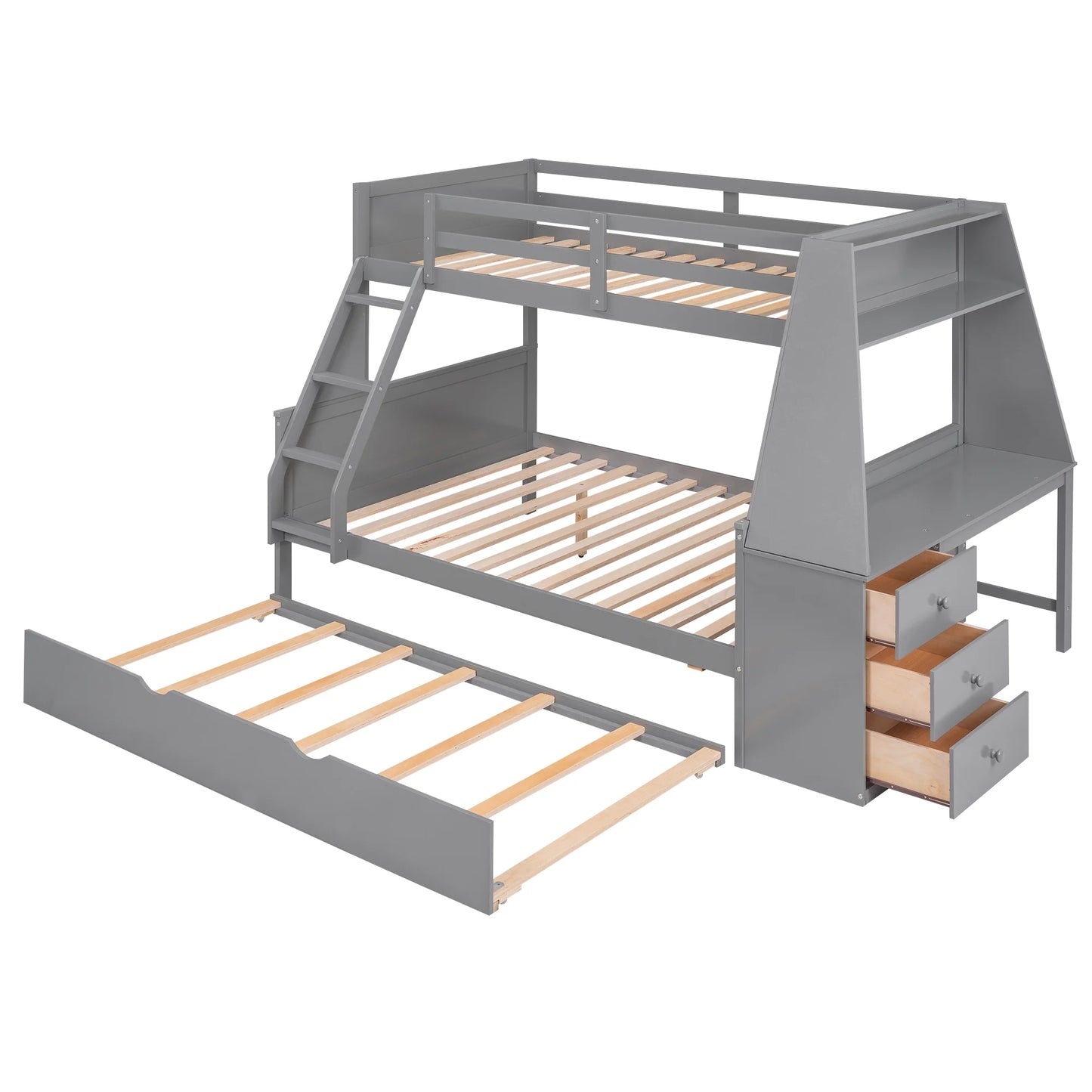 Wood Twin over Full Bunk Bed with Twin Trundle, Built-In Desk with Shelf and 3 Drawers for Kids Teens Adults, 3-In-1 Beds, Gray