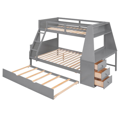 Wood Twin over Full Bunk Bed with Twin Trundle, Built-In Desk with Shelf and 3 Drawers for Kids Teens Adults, 3-In-1 Beds, Gray