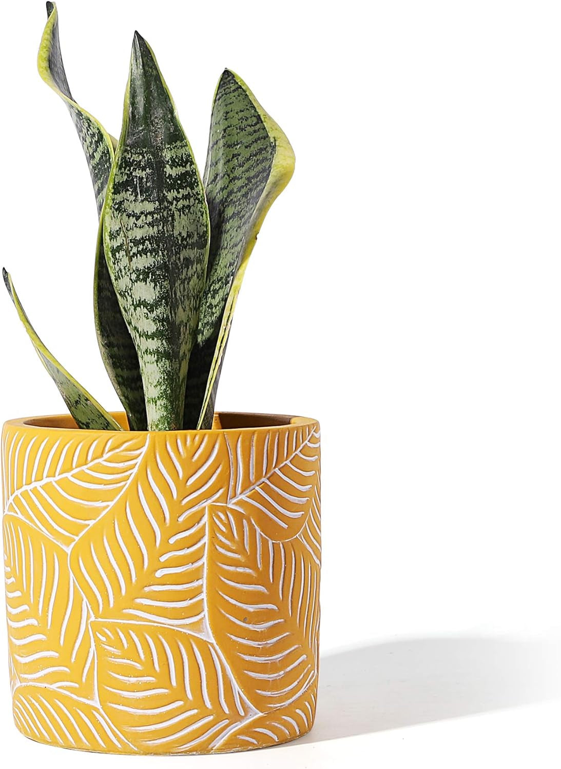 Cement Planter Flower Pot - 4.8" Vintage Indoor Plants Containers Unglazed Medium Bonsai with Drain Hole - Yellow, Leaves Embossment