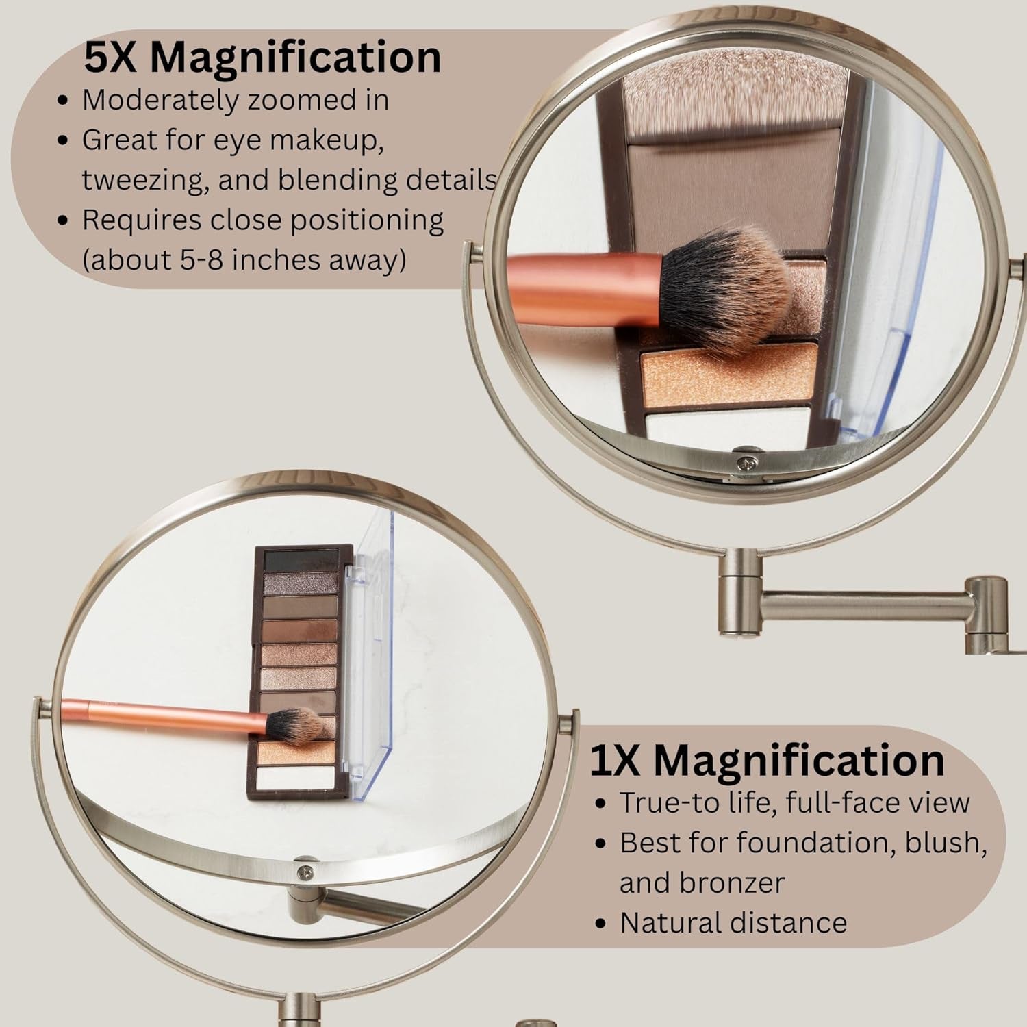Wall-Mounted Magnifying Mirror - Bathroom Makeup Mirror with 5X Magnification - 8-Inch Diameter - Nickel Finish - Model JP7506N