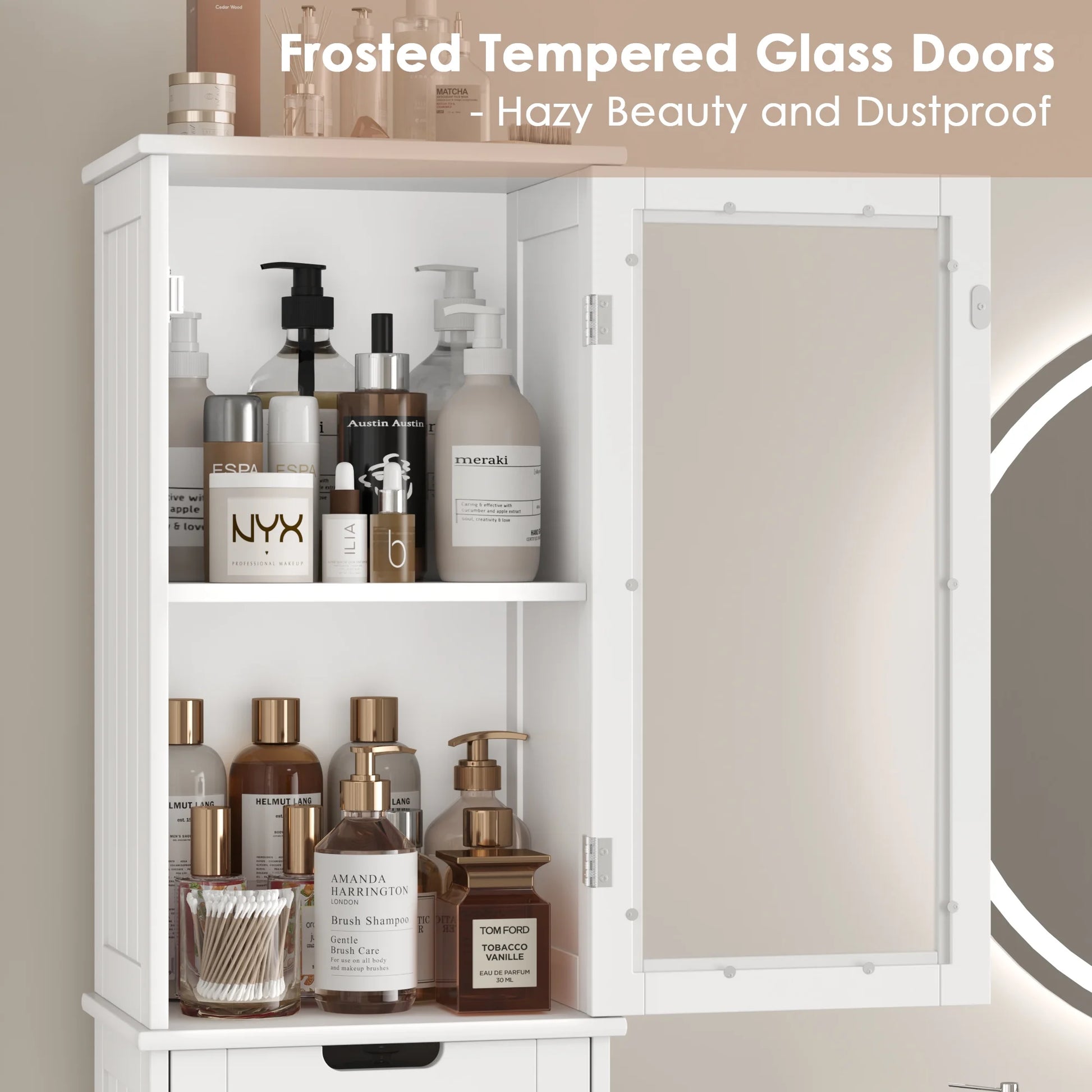 Bathroom Storage Tower, Narrow Linen Cabinet with Door and Drawers, Tall Bathroom Storage Cabinet for Small Spaces, White