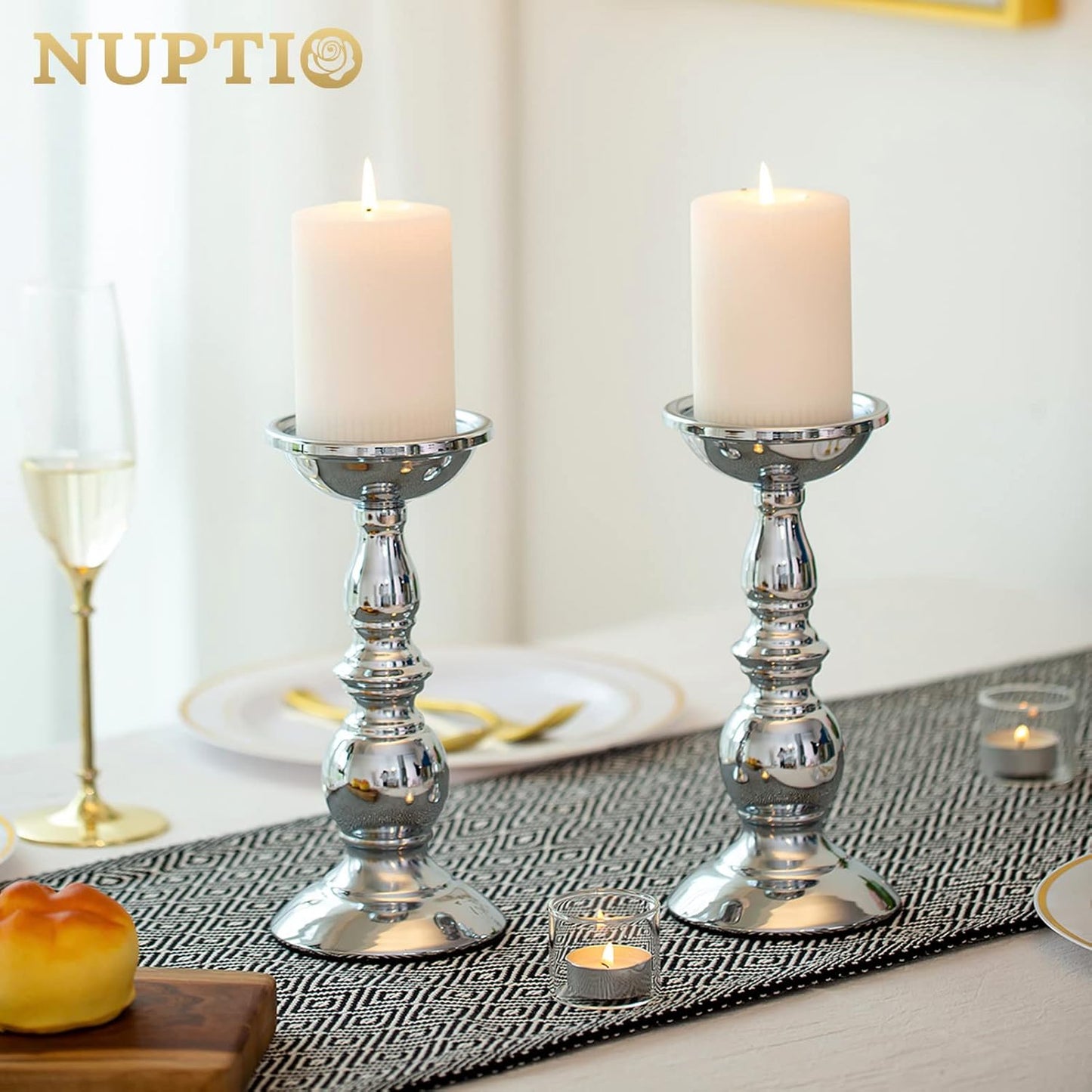 Silver Pillar Candle Holders, Wedding Centerpieces Metal Candle Holder for 3 Inches Candles Stand Decoration Ideal for Weddings Special Events Parties Living Room, 2 Pcs