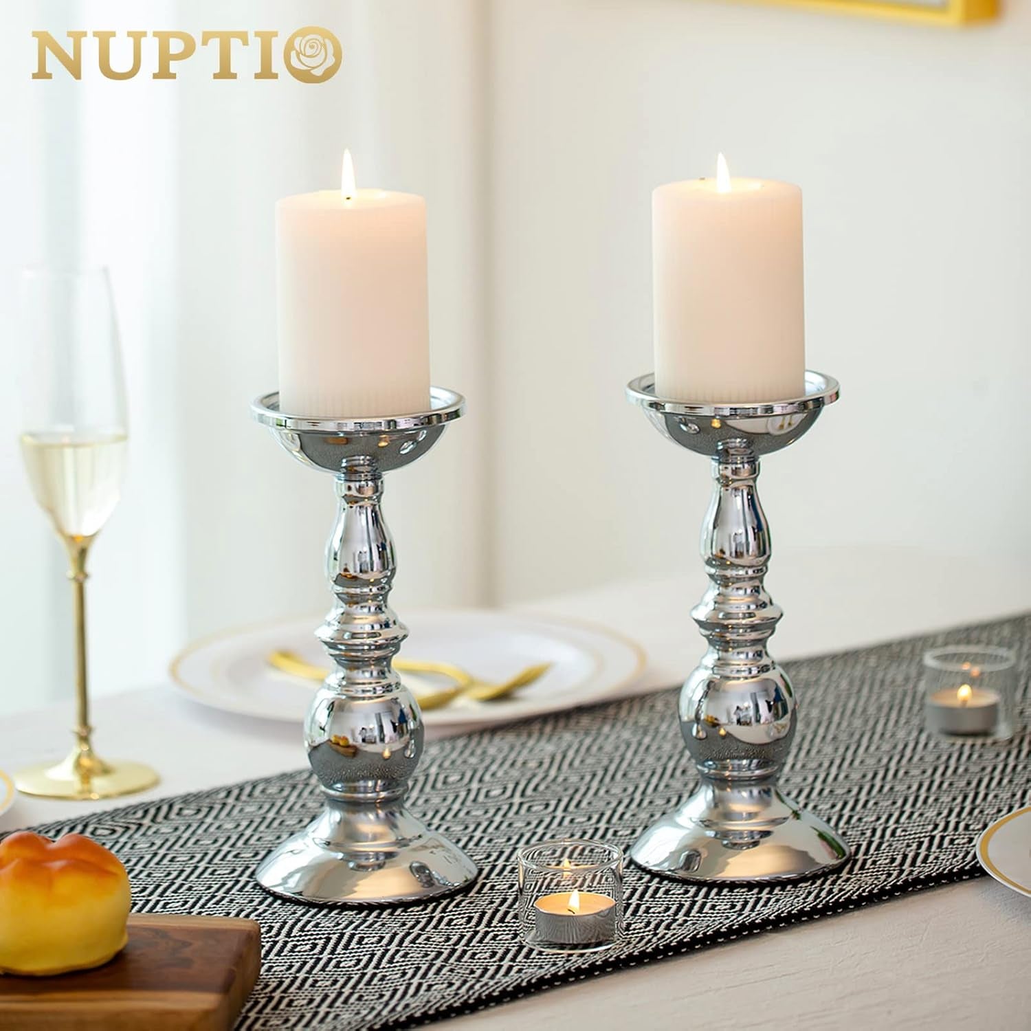 Silver Pillar Candle Holders, Wedding Centerpieces Metal Candle Holder for 3 Inches Candles Stand Decoration Ideal for Weddings Special Events Parties Living Room, 2 Pcs