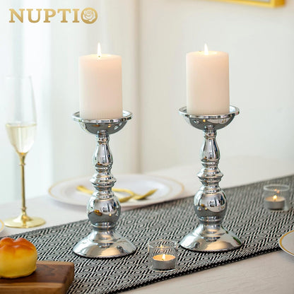 Silver Pillar Candle Holders, Wedding Centerpieces Metal Candle Holder for 3 Inches Candles Stand Decoration Ideal for Weddings Special Events Parties Living Room, 2 Pcs