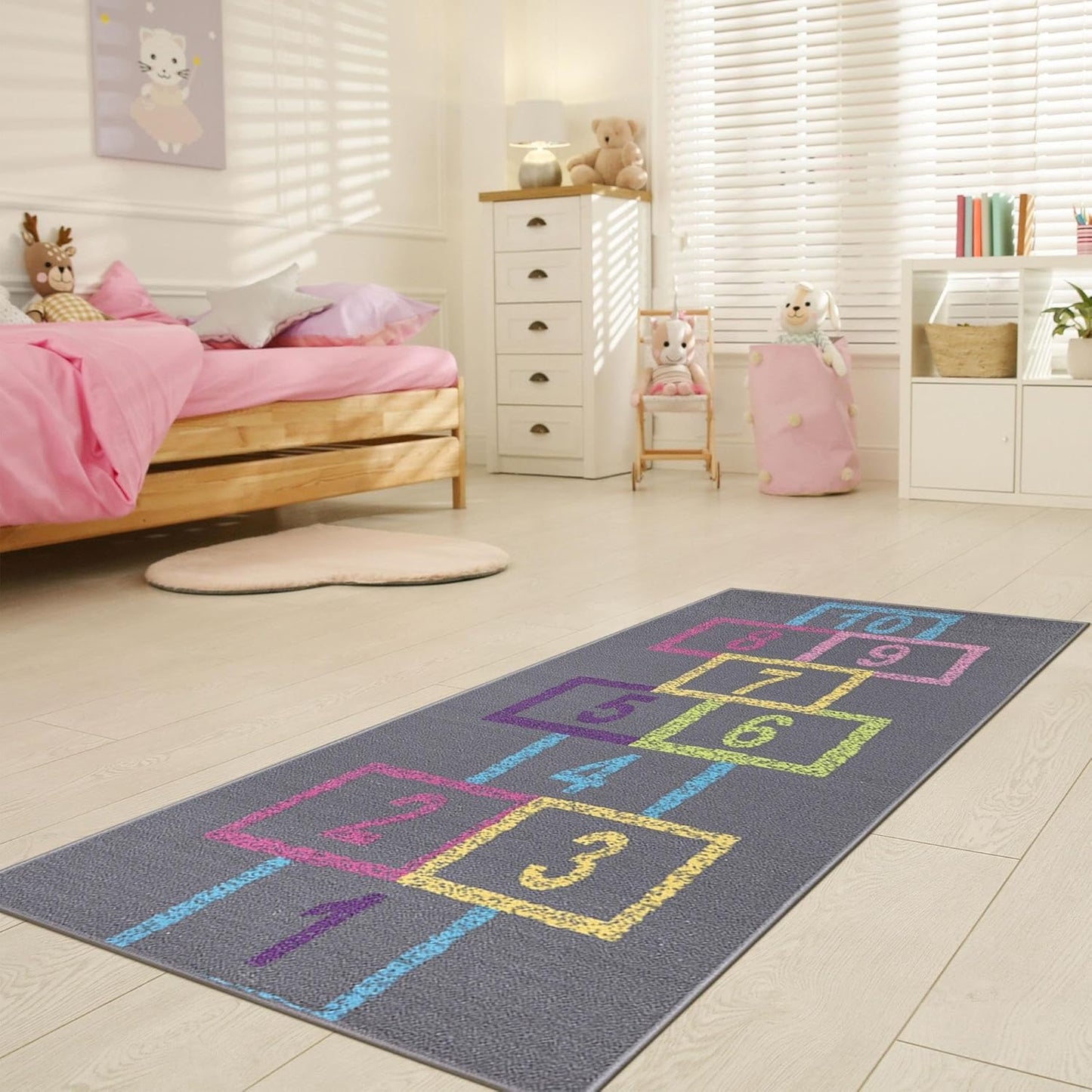 2'2" X 6' Hopscotch Kids Rug - Play Mat for Playroom, Bedroom, Daycare & Classroom - Fun & Interactive Game Carpet - Durable and Non-Slip - Perfect for Learning & High-Traffic Areas, Pink