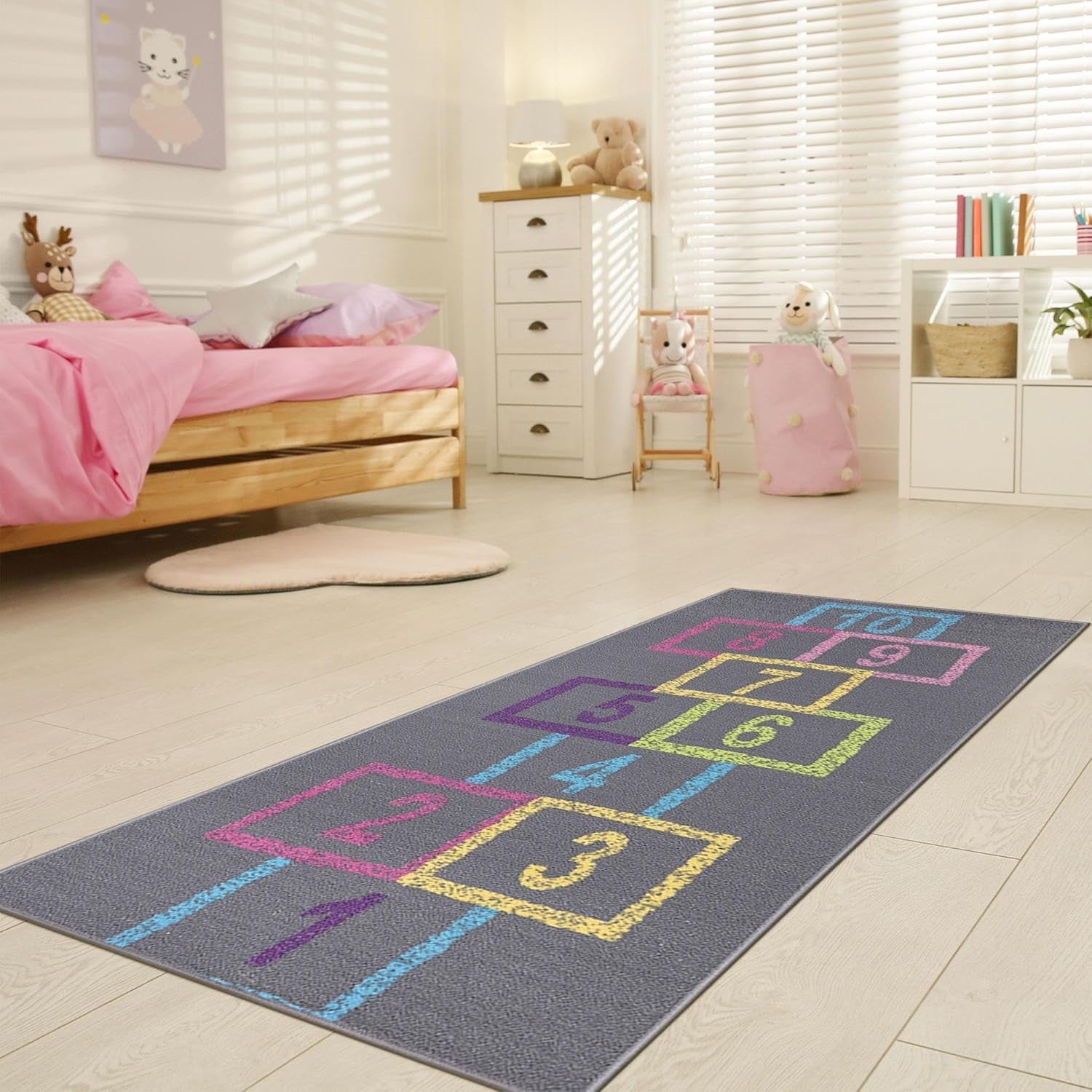 2'2" X 6' Hopscotch Kids Rug - Play Mat for Playroom, Bedroom, Daycare & Classroom - Fun & Interactive Game Carpet - Durable and Non-Slip - Perfect for Learning & High-Traffic Areas, Pink