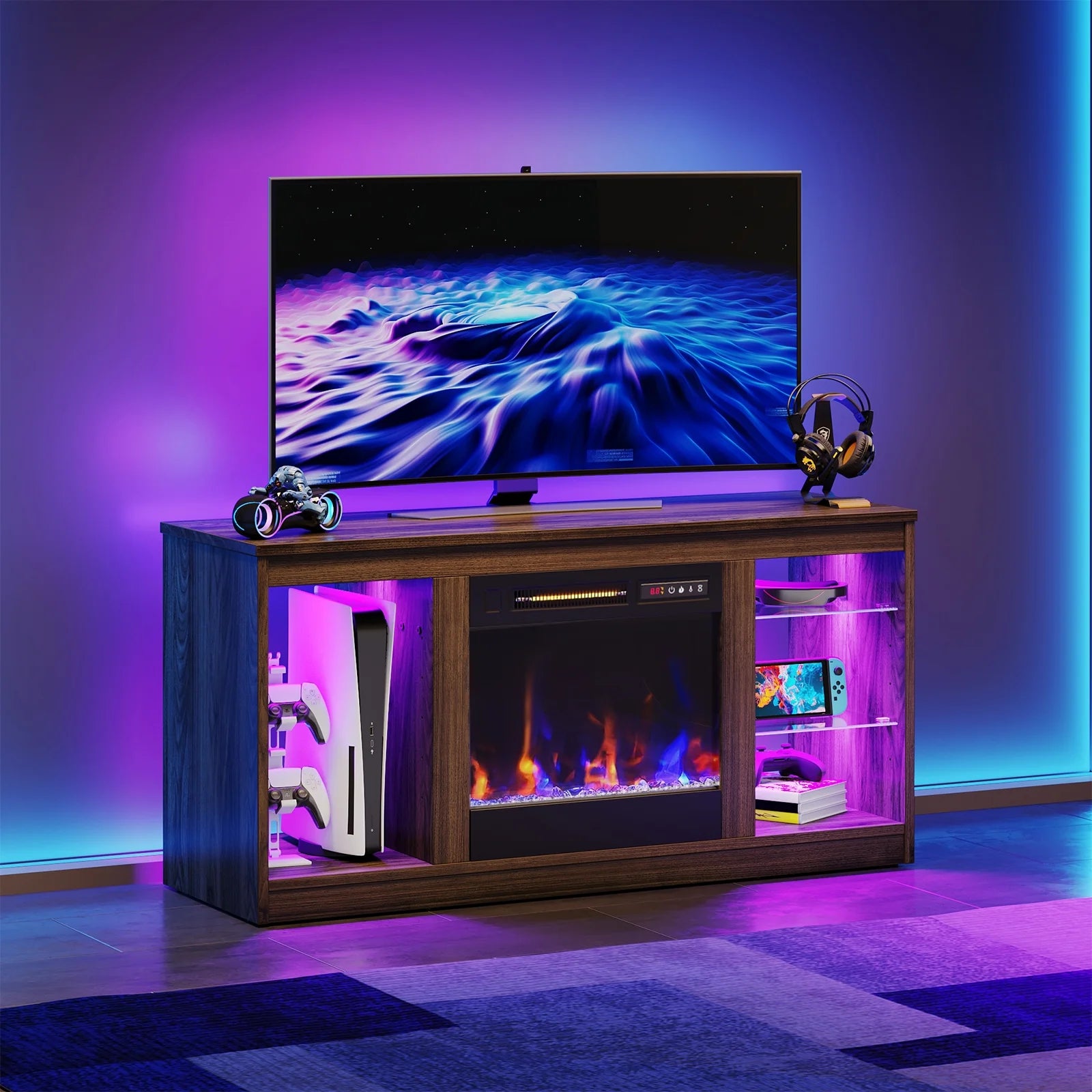 Modern Electric Fireplace TV Stand for Tvs up to 55", with LED and Glass Shelves, Walnut