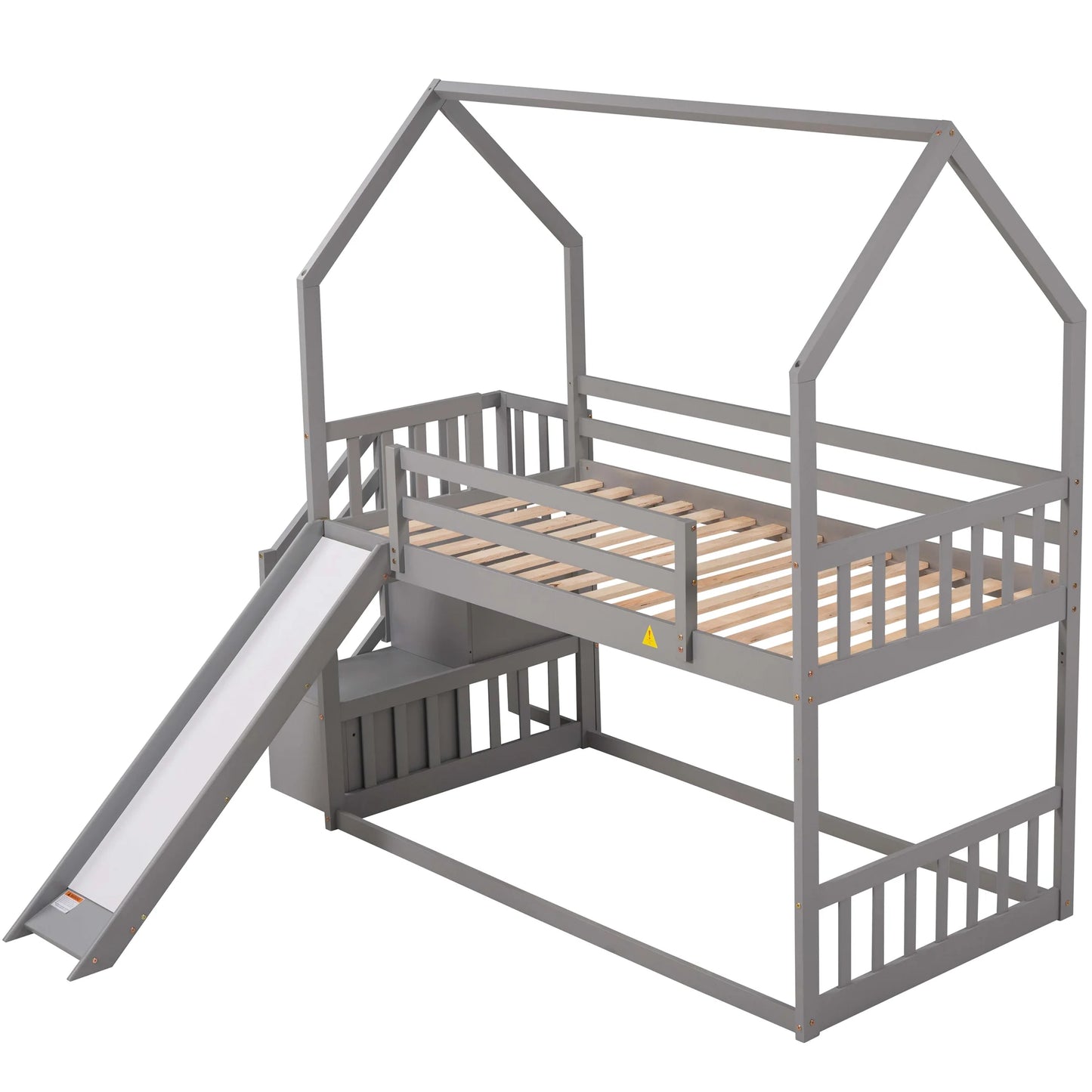 Twin House Bunk Bed with Staircase for Kids Teens Bedroom, Solid Wood Bunk Bed with Storage, Gray