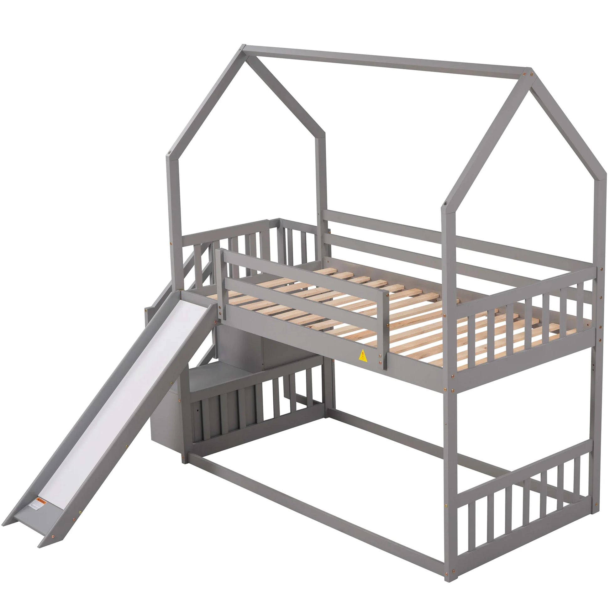 Twin House Bunk Bed with Staircase for Kids Teens Bedroom, Solid Wood Bunk Bed with Storage, Gray