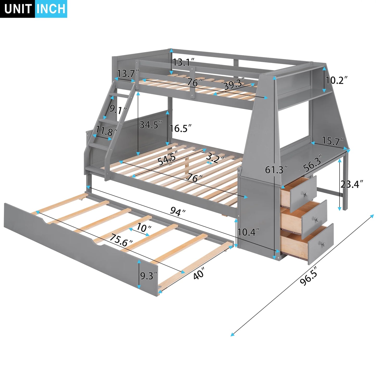 Wood Twin over Full Bunk Bed with Twin Trundle, Built-In Desk with Shelf and 3 Drawers for Kids Teens Adults, 3-In-1 Beds, Gray