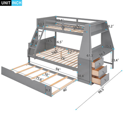 Wood Twin over Full Bunk Bed with Twin Trundle, Built-In Desk with Shelf and 3 Drawers for Kids Teens Adults, 3-In-1 Beds, Gray