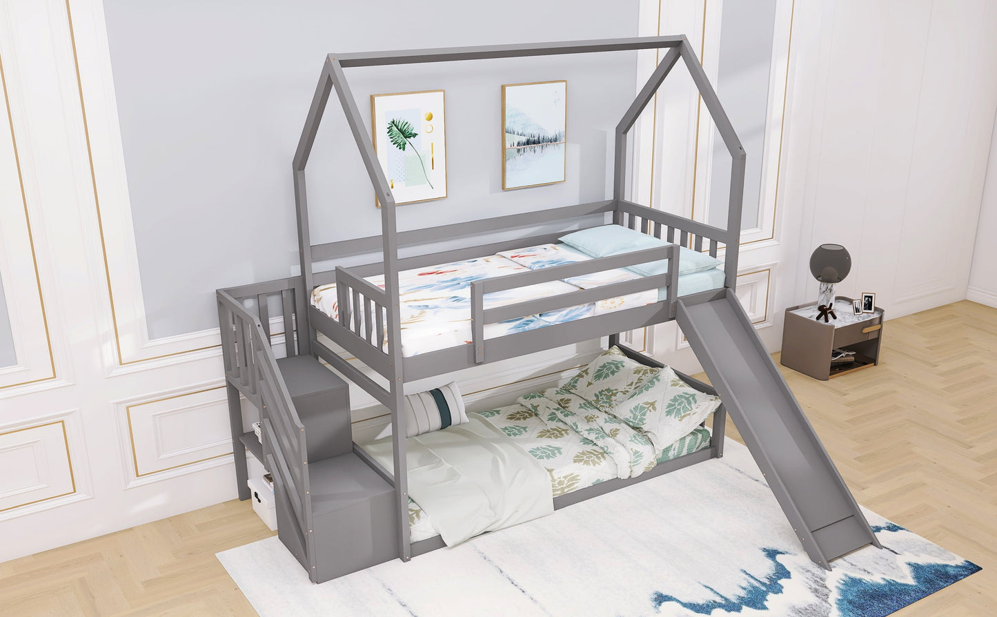Twin House Bunk Bed with Staircase for Kids Teens Bedroom, Solid Wood Bunk Bed with Storage, Gray