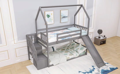 Twin House Bunk Bed with Staircase for Kids Teens Bedroom, Solid Wood Bunk Bed with Storage, Gray