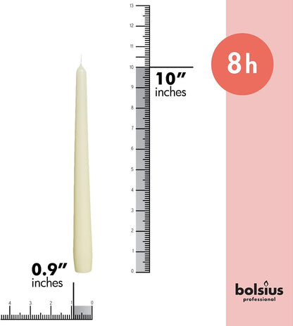 Ivory Taper Candles - 10 Pack Unscented 10 Inch Dinner Candle Set - 8 Hours Burn Time - Premium European Quality - Smokeless and Dripless Household, Wedding, Party, and Home Décor Candlesticks