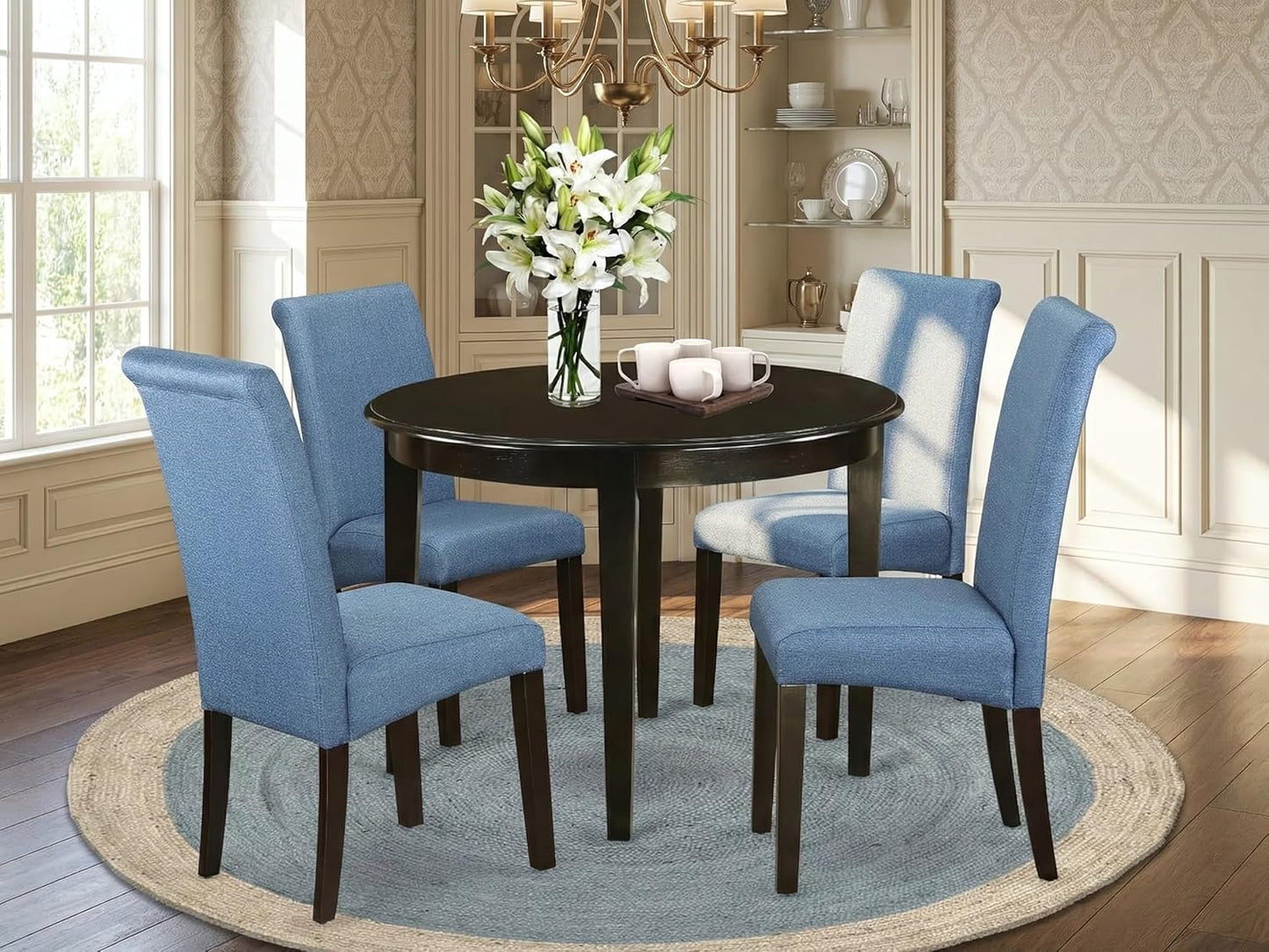 BOBA5-CAP-21 5 Piece Kitchen Table & Chairs Set Includes a round Dining Room Table and 4 Blue Color Linen Fabric Parsons Dinette Chairs, 42X42 Inch, Cappuccino