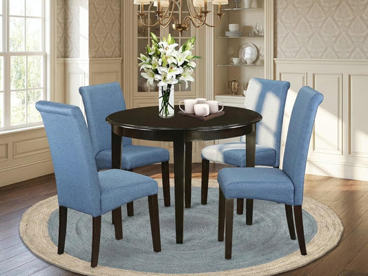 BOBA5-CAP-21 5 Piece Kitchen Table & Chairs Set Includes a round Dining Room Table and 4 Blue Color Linen Fabric Parsons Dinette Chairs, 42X42 Inch, Cappuccino