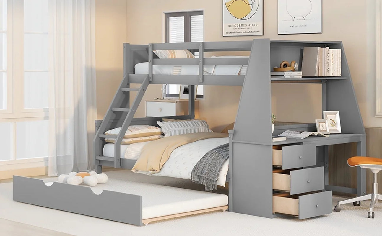 Wood Twin over Full Bunk Bed with Twin Trundle, Built-In Desk with Shelf and 3 Drawers for Kids Teens Adults, 3-In-1 Beds, Gray