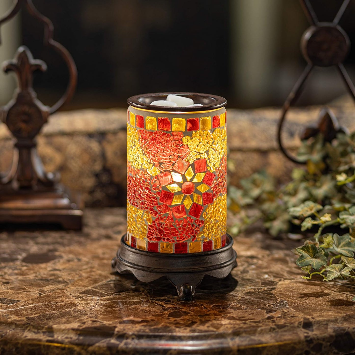 Wall Plug-In Wax Warmer for Scented Wax Mosaic Glass Ruby and Gold Electric Home Fragrance Warmer for Essential Oils Candle Wax Melts and Tarts Scent Warmer Night Light