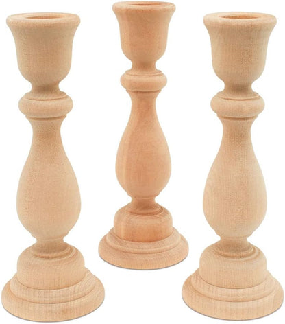 Wood Candle Holders, 6-3/4 Inch Wooden Candlestick Holders with 3/4 Inch Hole, Set of 2 Unfinished Wooden Candle Holders, Farmhouse Rustic Candle Holder for Crafts, Decorating and Painting