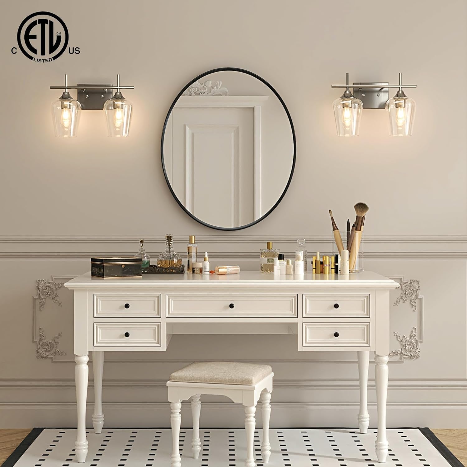 Bathroom Vanity Light, 2 Light Bathroom Light Fixture over Mirror, Bathroom Wall Lamp with Clear Glass, Modern Brushed Nickel Vanity Lighting Fixtures for Bathroom, Bedroom, Hallway