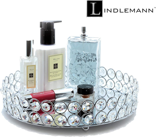 Crystal Decorative Tray Metal Mirrored Perfume Cosmetic Organizer Jewelry Trinket Display Storage Vanity Trays Home Décor Accents Luxury Gift (Round, 10In, Silver)
