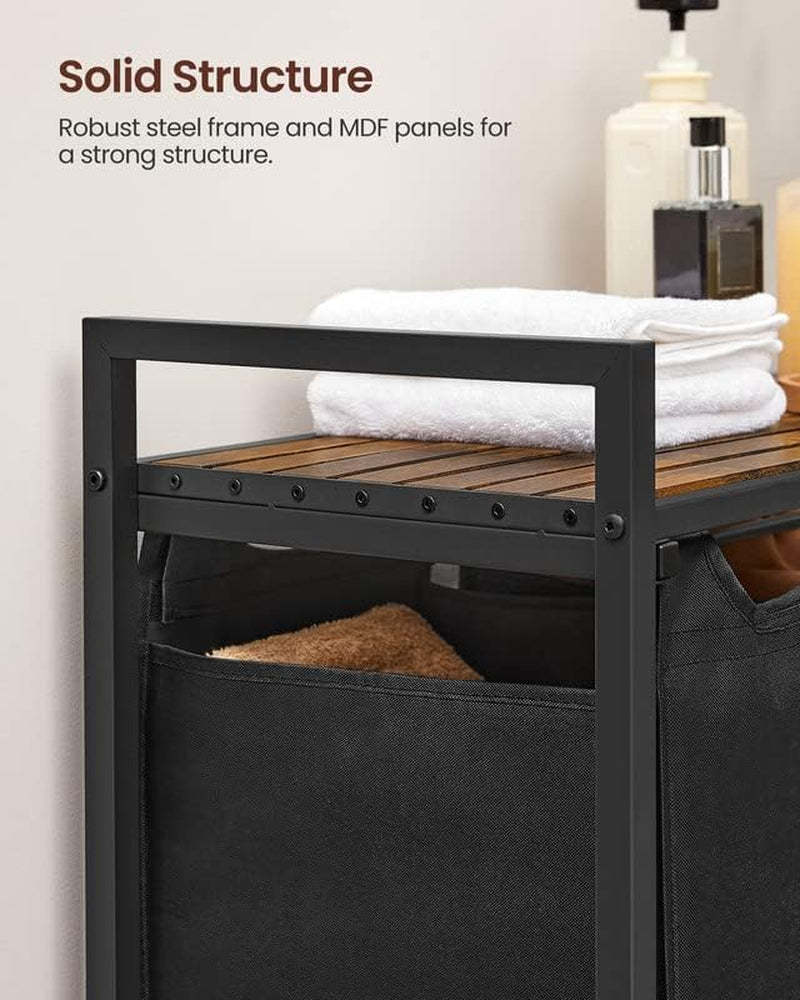 Laundry Hamper, Laundry Basket, Laundry Sorter with 3 Pull-Out and Removable Bags, Shelf, Metal Frame, 3 X 10.6 Gallons (40 L), 36.4 X 13 X 28.4 Inches, Ink Black and Rustic Brown UBLH301B01