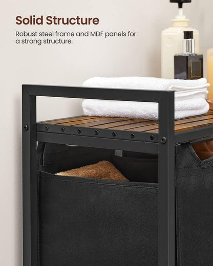 Laundry Hamper, Laundry Basket, Laundry Sorter with 3 Pull-Out and Removable Bags, Shelf, Metal Frame, 3 X 10.6 Gallons (40 L), 36.4 X 13 X 28.4 Inches, Ink Black and Rustic Brown UBLH301B01