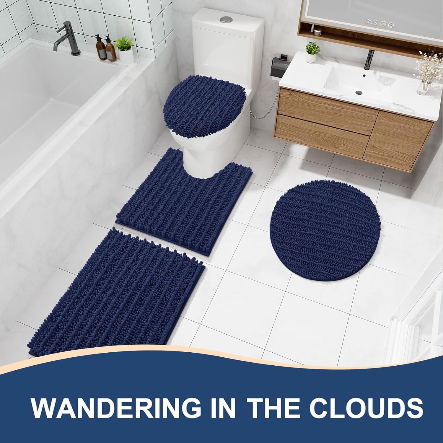Luxury Bathroom Rugs 24X16, Extra Soft Thick Absorbent Shaggy Chenille Bath Rugs, Non-Slip Machine Wash Dry, Bath Mats for Bathroom Floor, Tub and Shower, Home Decor Accessories, Navy