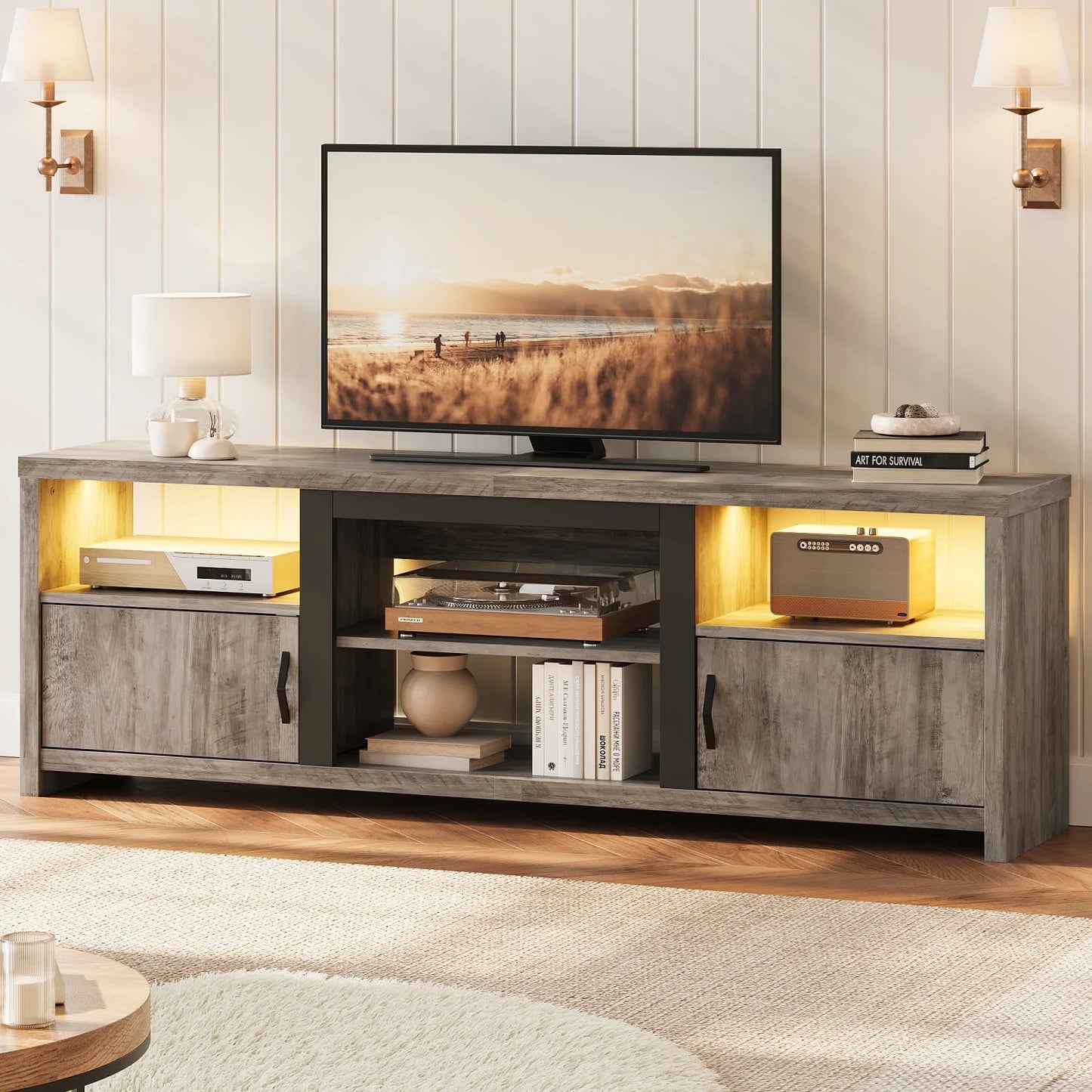 70" Farmhouse TV Stand for Tvs up to 80" with LED Lights, Entertainment Center with Cabinet & Open Shelves in Wash Grey