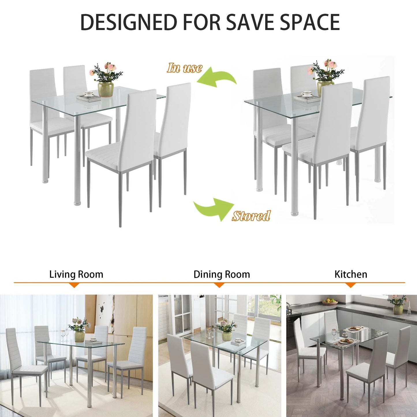 White Kitchen Table Set, 5 Pieces Dining Table Set, Tempered Glass Dining Table and Chairs Set for 4, Upgraded Iron Dining Room Table Set with 4 PU Leather Chairs