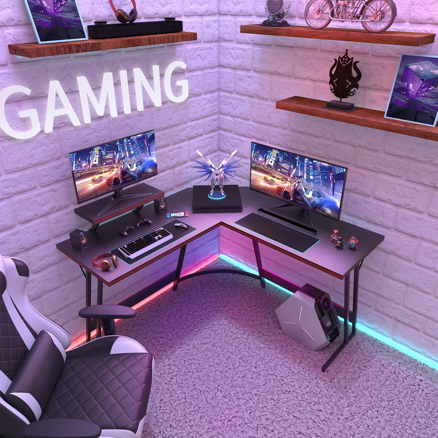 51.2“ Gaming Desk L-Shaped Carbon Fiber Surface Gaming Corner Desk Table, Black