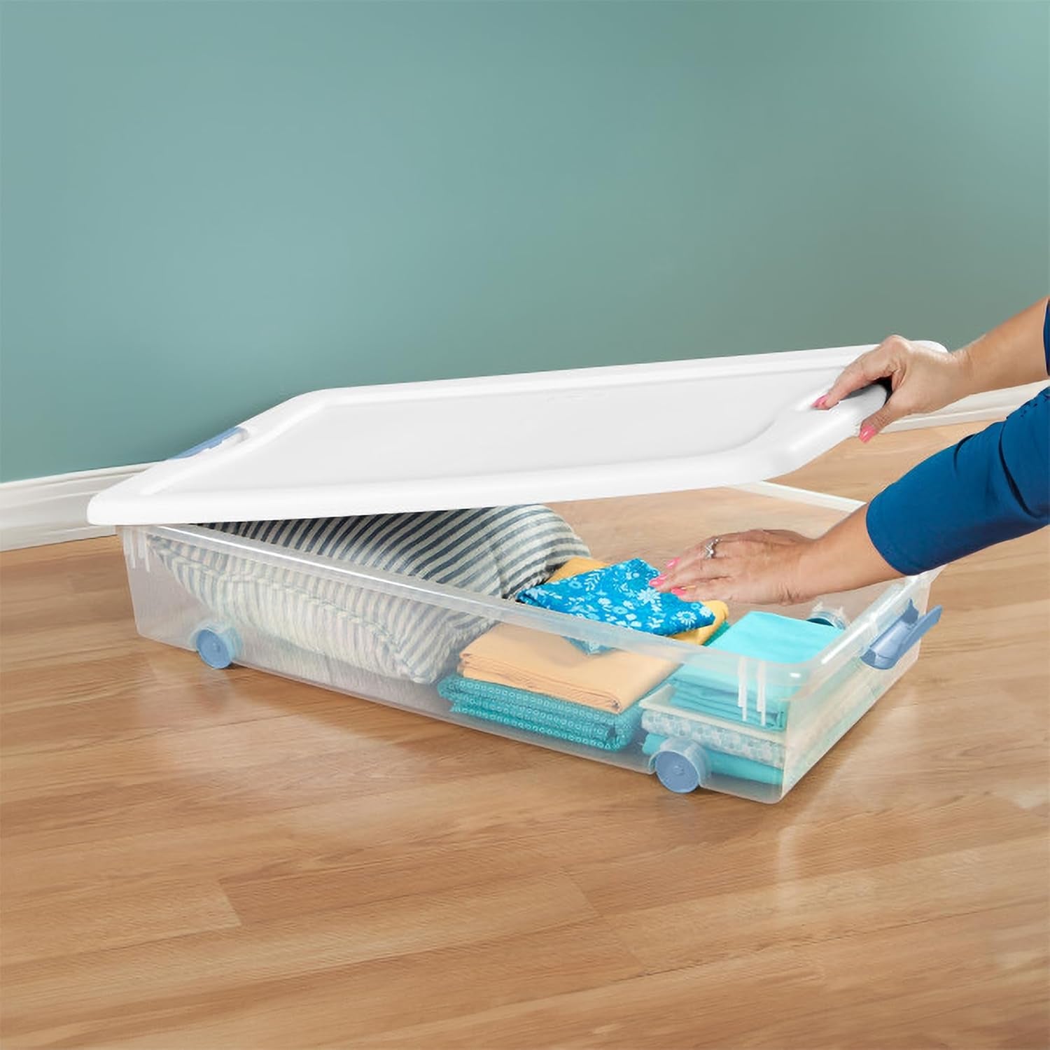 4-Pack 56 Quart Wheeled Latching Box, Underbed Clear Plastic Storage Organizer - under Bed Rolling Container Bin with Lid and Wheels for Home or Dorm Bedrooms and Closets