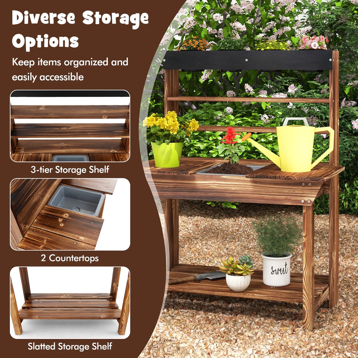 Kids Potting Bench Wooden Toy Gardening Center W/ Removable Sink & Chalkboard