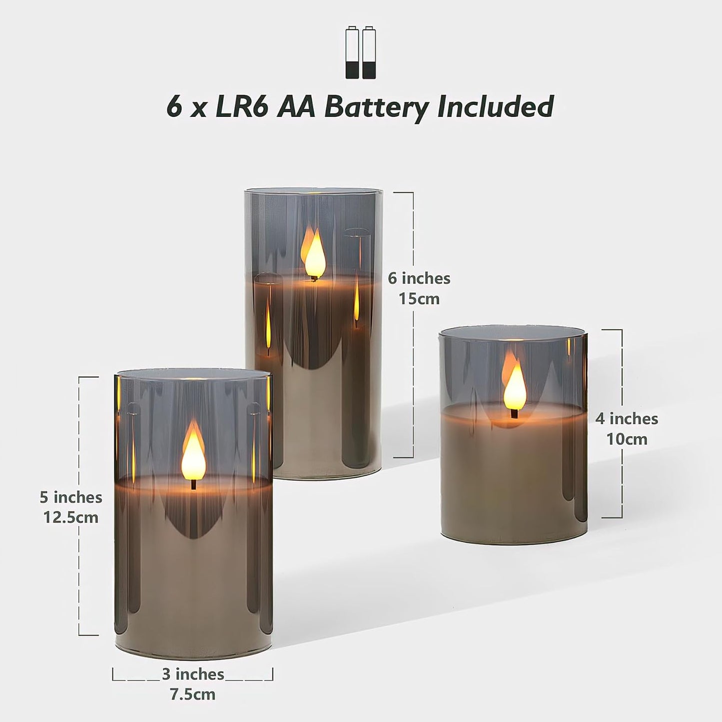 Gray Glass Battery Operated LED Candles with Remote, Flameless Candle Gift Set, Warm White Light - Include 6 Batteries