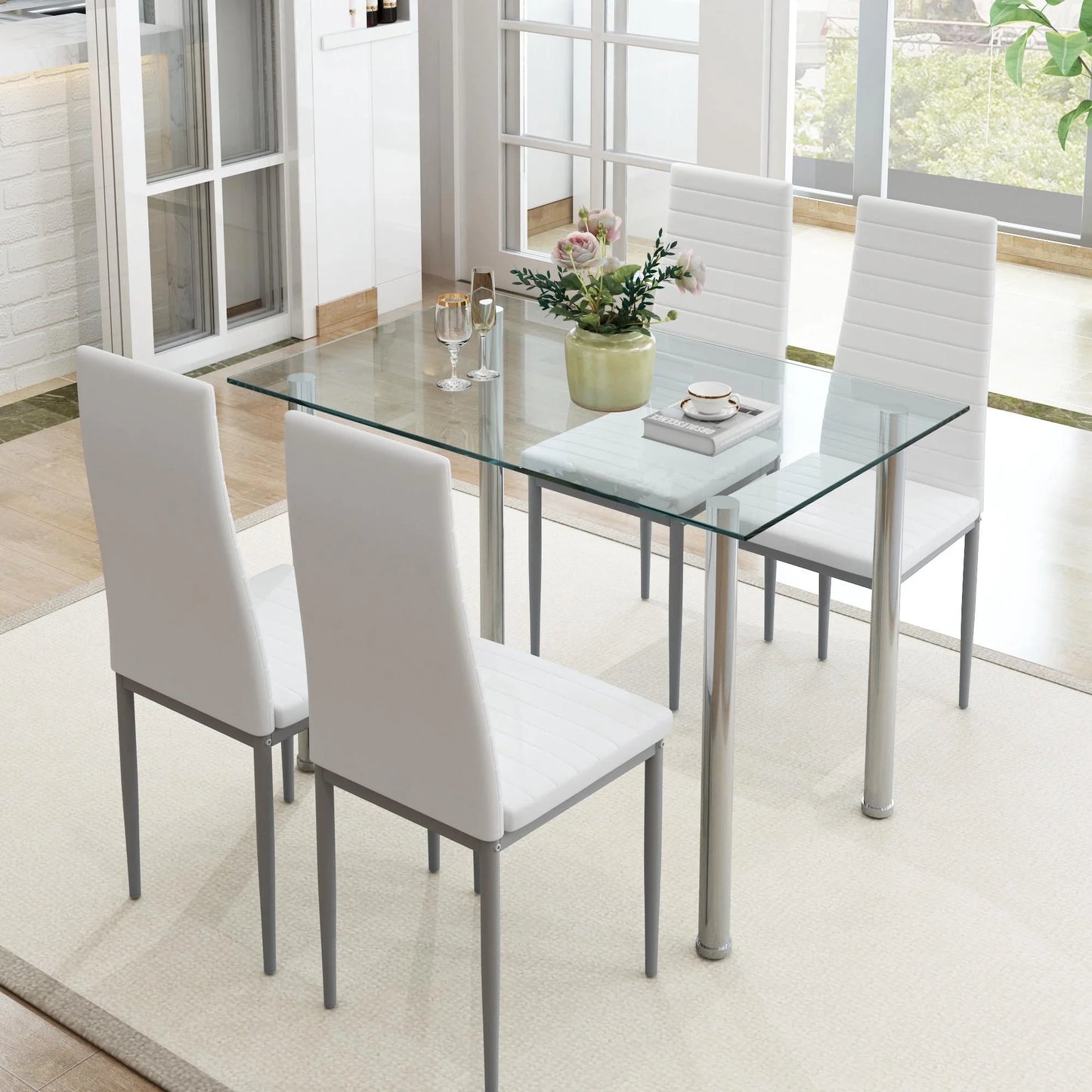 White Kitchen Table Set, 5 Pieces Dining Table Set, Tempered Glass Dining Table and Chairs Set for 4, Upgraded Iron Dining Room Table Set with 4 PU Leather Chairs