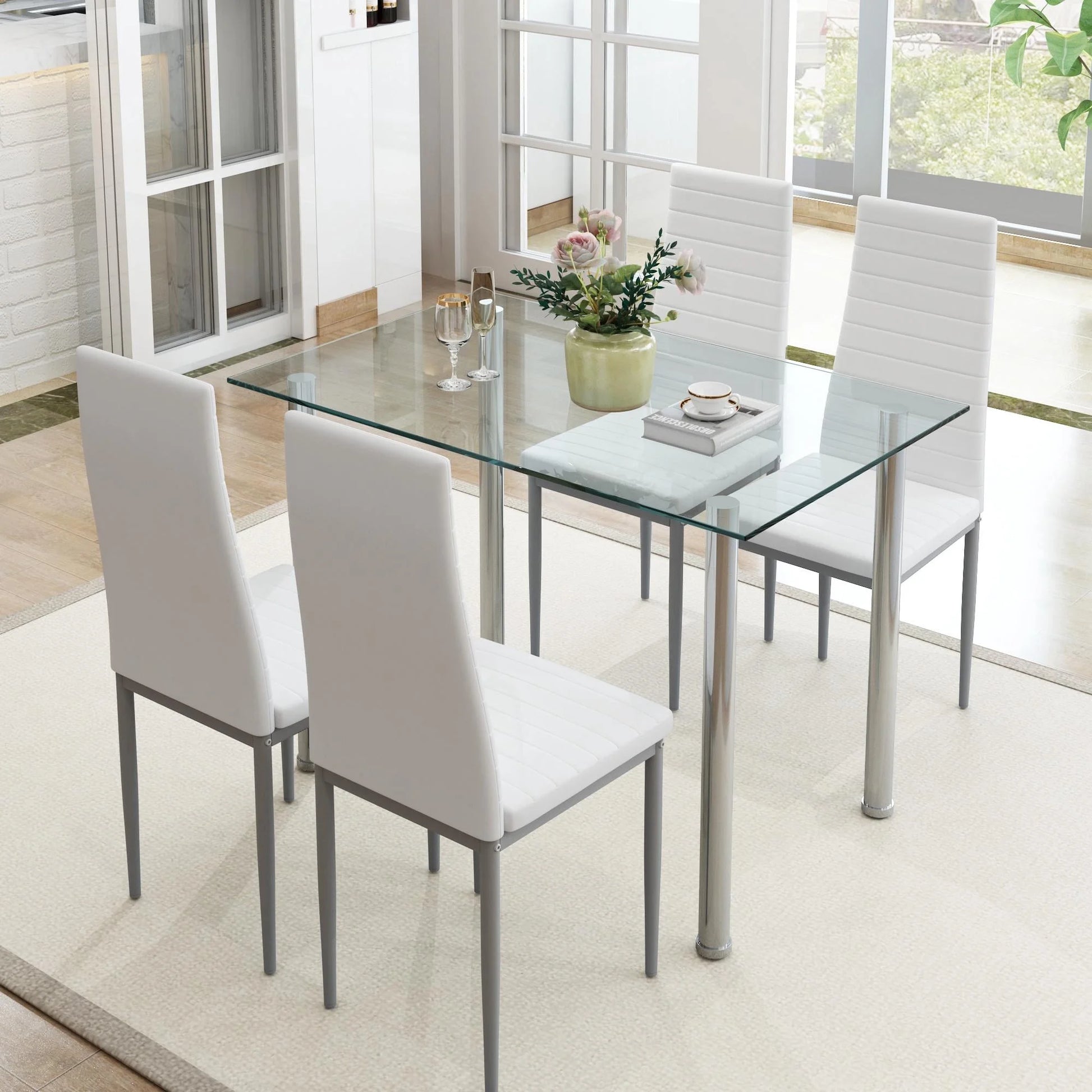 White Kitchen Table Set, 5 Pieces Dining Table Set, Tempered Glass Dining Table and Chairs Set for 4, Upgraded Iron Dining Room Table Set with 4 PU Leather Chairs