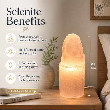 Selenite Crystal Lamp Natural and Made in Morocco | Includes Bulb and Cord with Dimmer Switch | Iceberg Tower Available in 3 Sizes (8 Inch) (6 Inch)