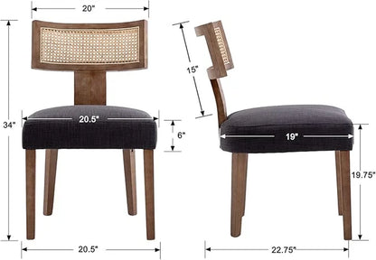 Modern Rattan Backrest Dining Chairs Set of 2, Mid-Century Farmhouse Linen Upholstered Kitchen Chairs Solid Wood Side Chairs for Kitchen Dining Room Living Room, Charcoal