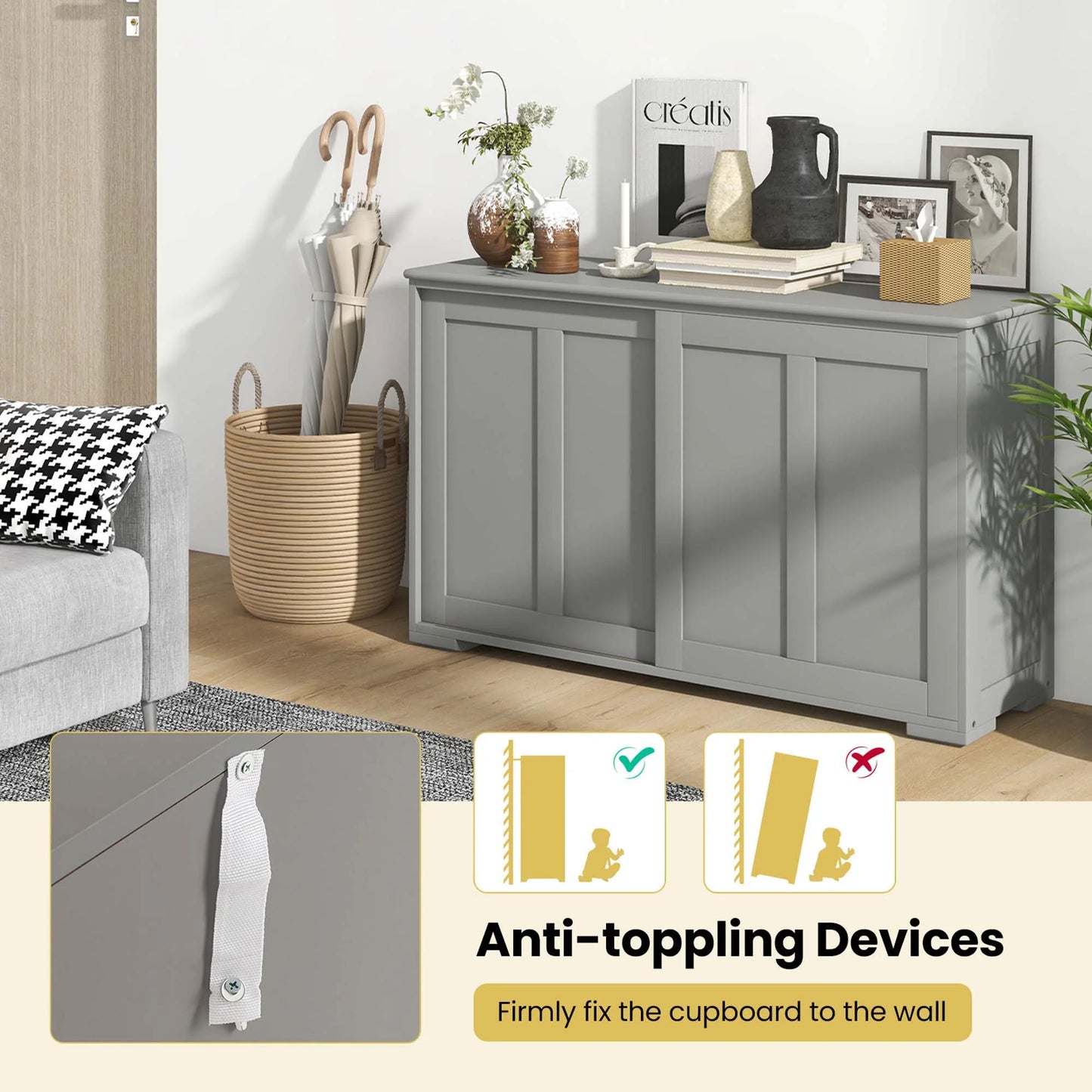 Kitchen Storage Cabinet Sideboard Buffet Cupboard Wood Sliding Door Pantry Gray