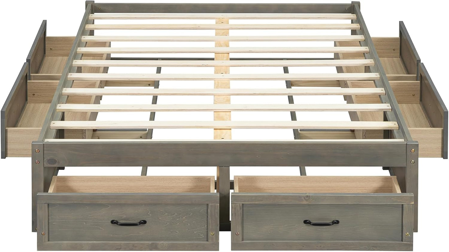Full Size Platform Bed, Wooden Full Bed with 6 Storage Drawers, Antique Gray