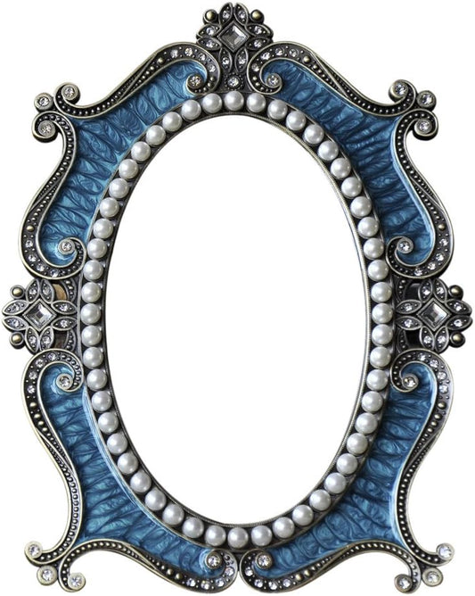 Vintage Vanity Tabletop Mirror, Metal Oval Decorative Makeup Stand, Antique Table Cosmetic, Coquette Countertop Desk Dresser for Home Bedroom Bathroom (Blue, S)