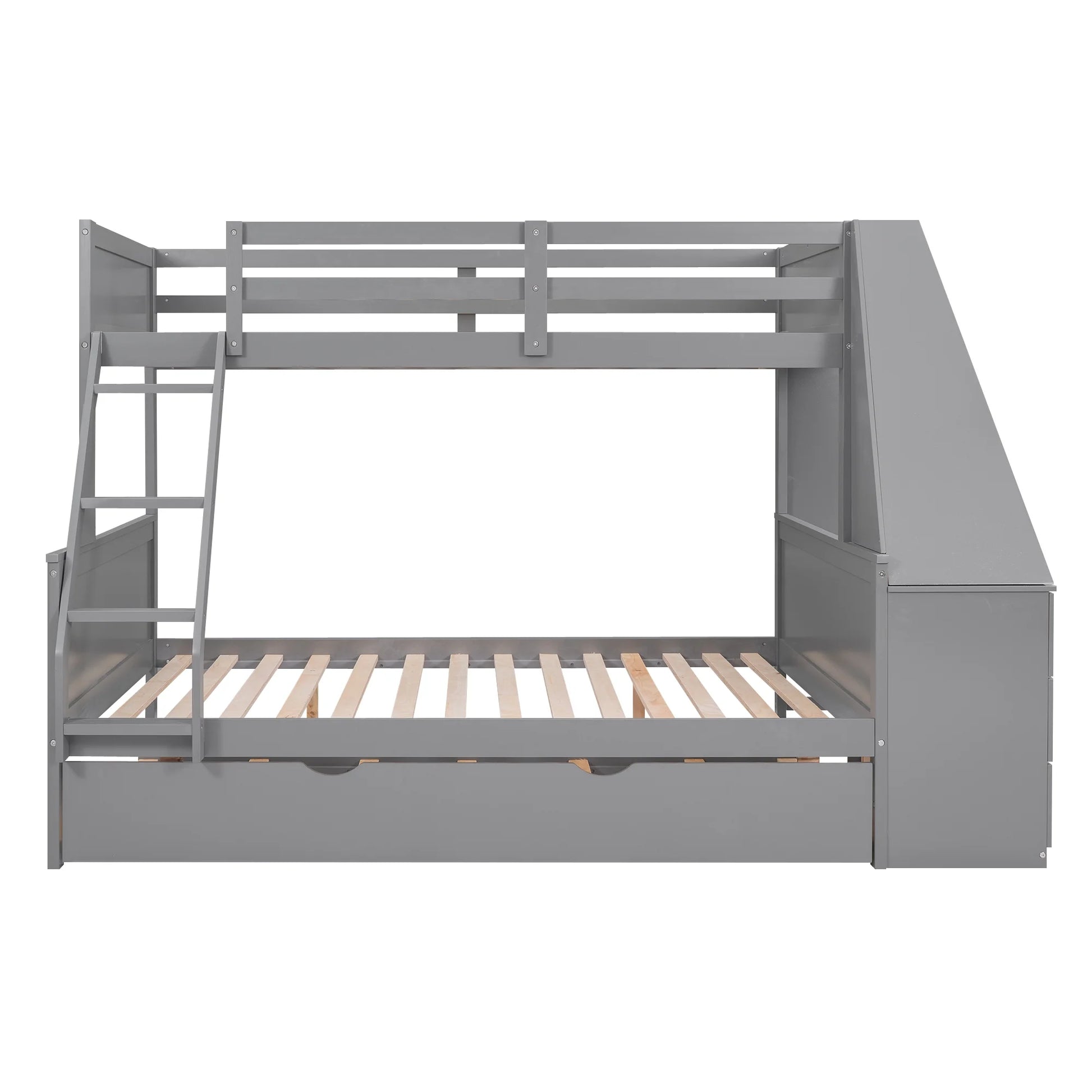 Wood Twin over Full Bunk Bed with Twin Trundle, Built-In Desk with Shelf and 3 Drawers for Kids Teens Adults, 3-In-1 Beds, Gray