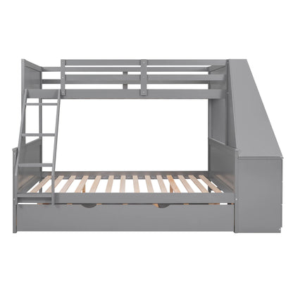 Wood Twin over Full Bunk Bed with Twin Trundle, Built-In Desk with Shelf and 3 Drawers for Kids Teens Adults, 3-In-1 Beds, Gray